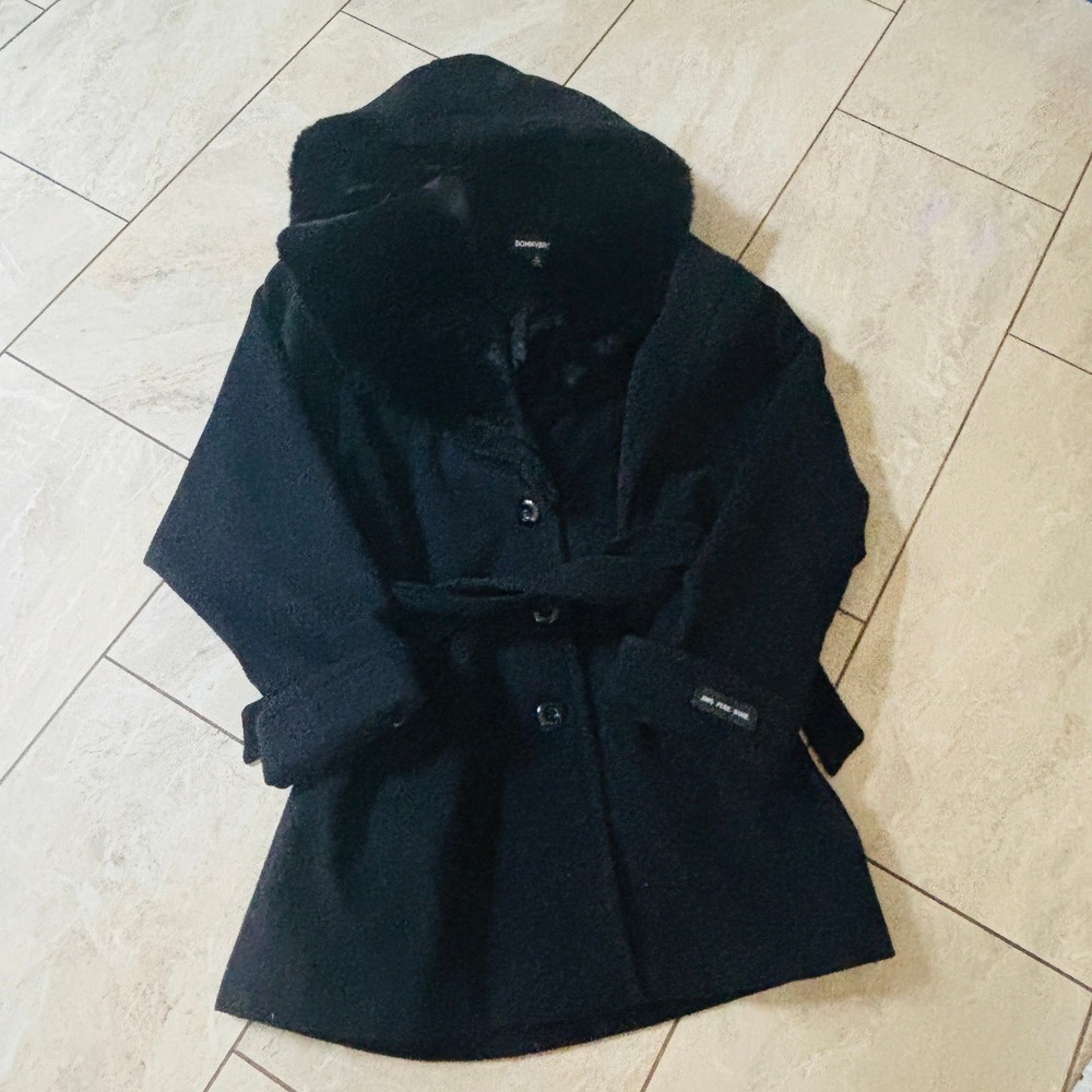 Vintage Donnybrook 80s Faux Fur Hood Wool Coat Black Mob Wife Gothic Outerwear 4